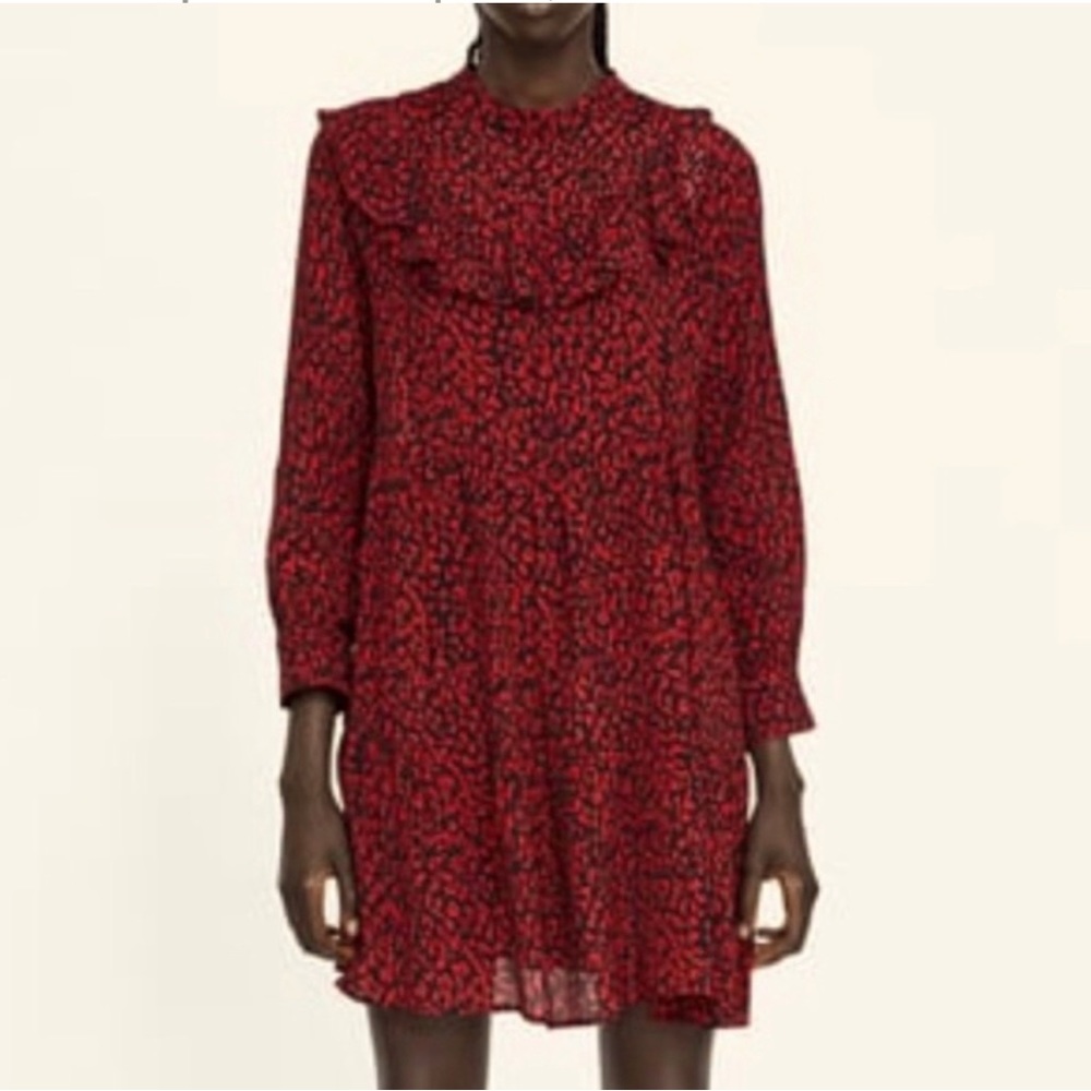 Zara Red Leopard Print Tiered Ruffle Bib Collar Babydoll Dress